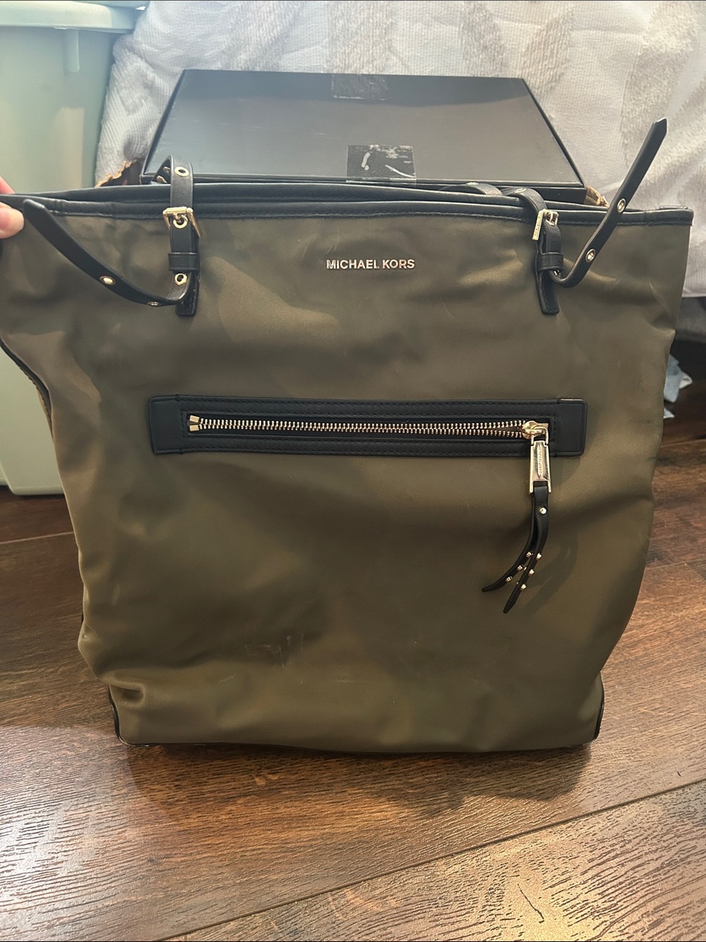 Michael Kors Olive Tote with Black Trim and Gold Hardware